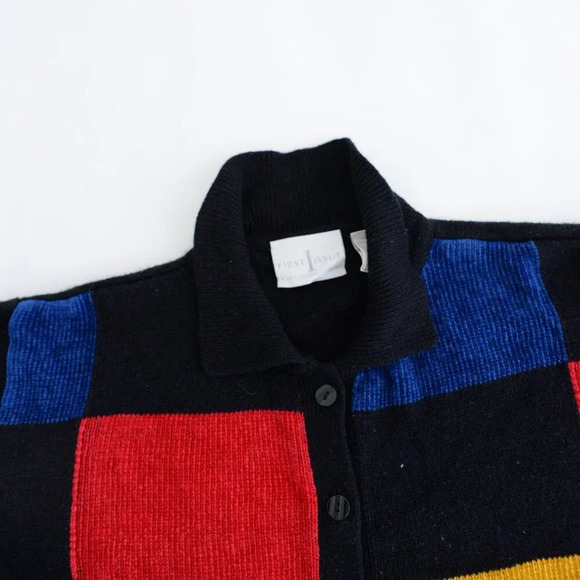 Vintage  Liz Claiborne Black Primary Color Colorblock Button Cardigan Sweater XL - Picture 12 of 12